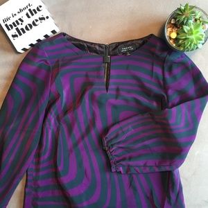 Tahari Purple & Gray Zebra Print Shift Dress | Long Sleeve Knee-Length Workwear
